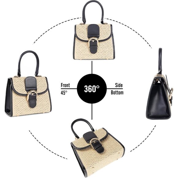 Retro Straw Woven Women's Small Cross Body Shoulder Messenger Handbag Beige-blac - Picture 3 of 7